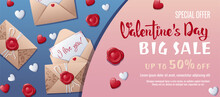Valentine's Day Sale Banner. Background, Poster With A Love Letter In An Envelope With A Wok Seal And Hearts. Discount Voucher Template For Love Day.