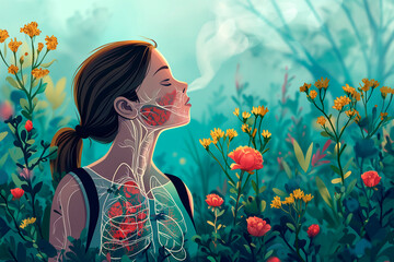 illustration of a teenage girl with lungs breathing, respiratory system, in nature