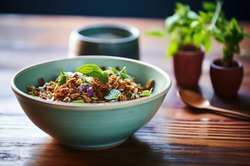 Wall Mural - rustic granola bowl presentation with a sprig of mint
