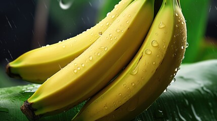 Wall Mural - Ripe yellow banana fruit with drops water on natural blur background. AI generated