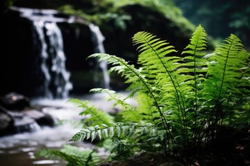 Wall Mural - Ferns with a soft focus background of a waterfall.