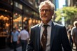 © Shooting Star Std - Senior businessman, confidence in his stride, walking through a bustling financial district on his way to an important meeting, Generative AI