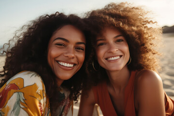 Wall Mural - Happy Friends Enjoying Outdoors: Two Young Beautiful Females Smiling and Laughing, Embracing in the Park