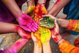 Holi festival in India - group of happy holi people showing colorful hands. Holi Celebration. Holi Concept. Indian Concept.
