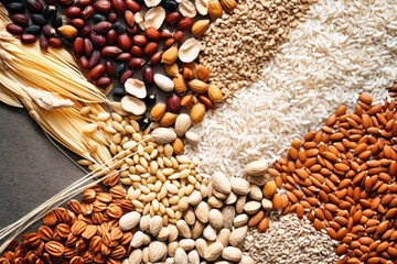 Wall Mural - Assorted different types of beans and cereals grains. Set of indispensable sources of protein for a healthy lifestyle. Quality food. Healthy eating concept.