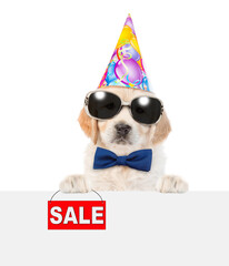 Poster - Golden retriever puppy wearing tie bow and sunglasses and party cap shows signboard with labeled 