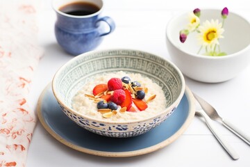 Wall Mural - bowl of oat porridge topped with fresh raspberries and blueberries