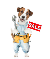 Poster - Funny puppy wearing denim overalls with tool belt holds adjustable wrench shows signboard with labeled 