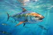 Tuna swimming in clear water. Generative AI