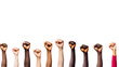 Hands of many people raising fists on transparent background PNG