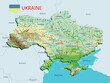 Topographic map of Ukraine. Geographic map of Ukraine with borders of the regions. High detailed Ukraine physical map with labeling. Atlas of Ukraine with rivers, lakes, seas, mountains and plains.Vec