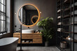A contemporary bathroom featuring a freestanding bathtub, wooden vanity with a round illuminated mirror, and stylish shelving, accentuated by dark tones and natural light.