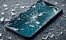a smartphone with broken glass and shards nearby