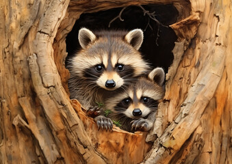 Wall Mural - Two raccoon looking through a hole in one tree, in the style of quadratura, nul group, group material

