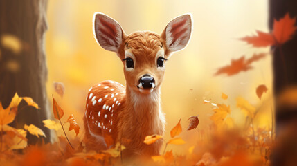 Wall Mural - Deer baby standing in the forest with autumn leaves, in the style of photo-realistic landscapes, bokeh, wimmelbilder, hyperrealistic animal portraits, photo taken with provia, cute and colorful, cabin