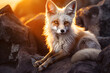 A young rio fox sitting on rocks during a beautiful sunrise, in the style of norwegian nature, white and silver, macro lens, large canvas format, tempera, aurorapunk, rtx on

