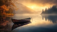 Natural View Of Traditional Wooden Canoe On A Calm Lake In The Morning With Misty Sun Rays.