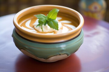 Wall Mural - tomato basil soup with a swirl of cream, served in a terracotta bowl