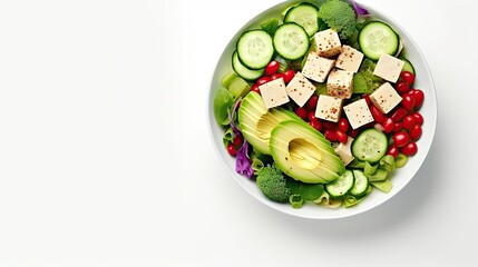 Wall Mural - Healthy vegan diet food. Buddha bowl with fried tofu, avocado, edamame beans, tomatoes, cucumber, red cabbage. White kitchen table background, top view