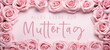 Alles Liebe zum Muttertag Feiertag Grußkarte mit deutschem Text - Rahmen aus Rosen auf pinkem Tisch Hintergrund, Draufsicht