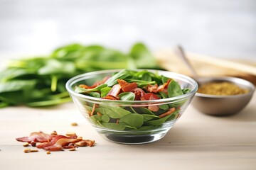 Wall Mural - a glass bowl filled with baby spinach, bacon, and sliced almonds