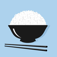 Sticker - Rice bowl and chopsticks on blue background vector.