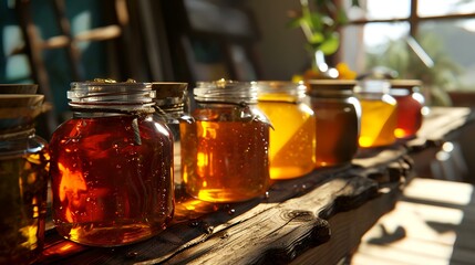 Wall Mural - Honey in glass jars on a wooden shelf in the kitchen.