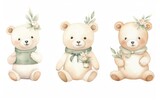 Fototapeta Pokój dzieciecy - cute watercolor baby teddy bear in green cream tone color collection set on white background, Generative Ai