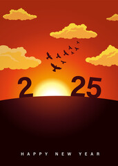 Wall Mural - 2025 sunrise silhouette happy new year. Creative New Year concept for calendar cover or greeting card. Vector illustration