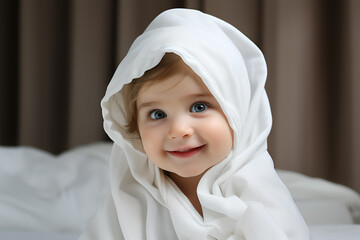 Wall Mural - A cute happy laughing baby in a soft bathing towel. The child is in a clean and dry towel. Washing, infant hygiene, health and skin care