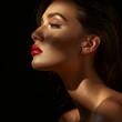 Beauty Model Portrait with plump Lip Makeup looking sideways, ai technology