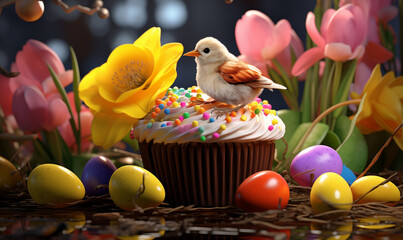  Colorful, edible cupcake on which sits a bird and Easter eggs. Generated by artificial intelligence. 