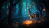 Fototapeta  - Old deer forest neon light fantasy illustration picture Ai generated art