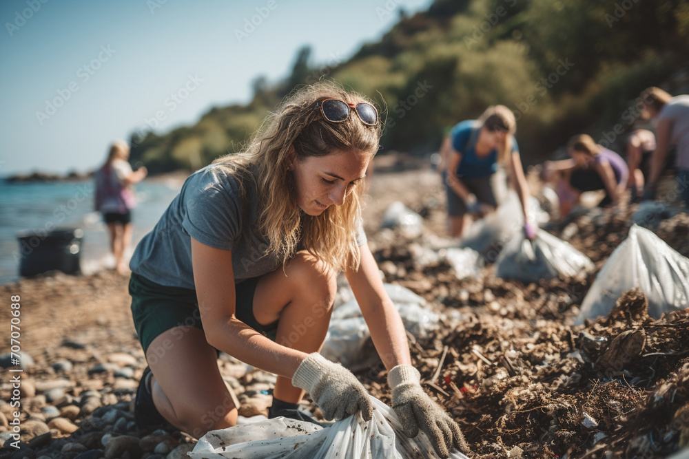 Volunteers engaging in a coastal cleanup, removing plastic waste and ...