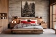 Wood bedside cabinet near bed with red blanket. Farmhouse interior design of modern bedroom with lining wall and beam ceiling 
