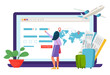 Woman booking flight online on giant screen with airplane, world map, tickets, and luggage. Online travel booking concept with young female traveler. Vector illustration.