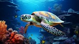Fototapeta Do akwarium - Underwater sea with sea turn turtle shell photography image Ai generated art