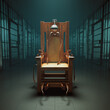 Ominous Wooden Electric Chair in a Dim, Foreboding Prison Setting