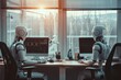 A humanoid robot works in an office on a computer showcasing the utility of automation in repetitive and tedious tasks.