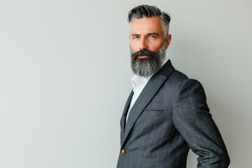 Wall Mural - A mature, elegant man with a beard, wearing a suit, posed against a white background.