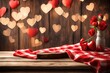 Empty wooden log with red checked tablecloth on rustic table over beautiful bokeh background. Valentines day concept mock up for design and product display.