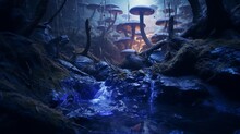 Dense forest magic blue giant mushrooms photography image Ai generated art