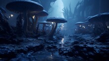 Dense Forest Magic Blue Giant Mushrooms Photography Image Ai Generated Art