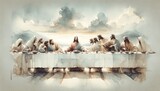 Fototapeta  - The Last Supper. Jesus. Maundy Holy Thursday. New Testament. Watercolor Biblical Illustration	