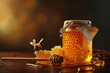 Mockup of a glass jar with honey, back with a honeycomb and a bee in the background, Label with empty space for logos or texts. Bee day, 20 may.  Concept: natural product