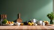 Wooden table top on blur kitchen room background