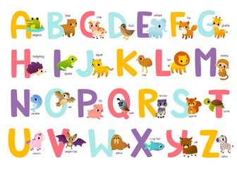 Wall Mural - cute english alphabet for kids with animals. bright abc learning decorative poster with cartoon wild