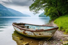 Weathered Fishing Boat On A Peaceful Lake Shore