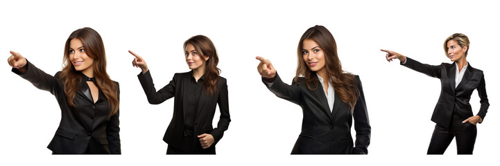 set of business woman, pointing on siderite hand on a transparent background