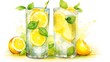 Glass of fresh lemonade with lemon and mint on table on light background